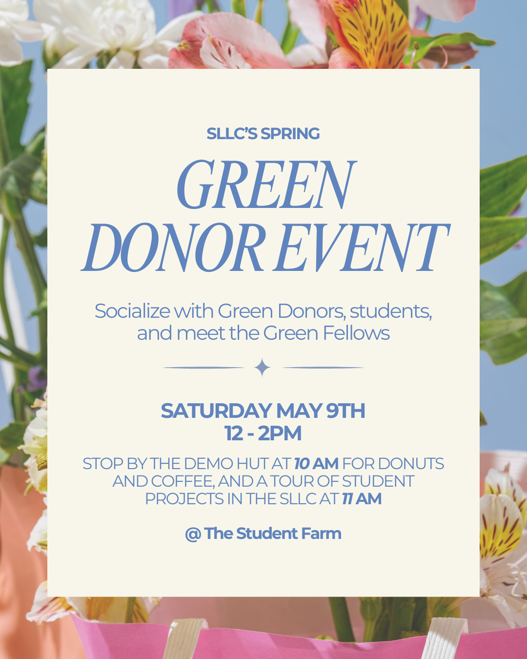 Spring Green Donor Event poster with floral border, blue-green text; May 9 event details