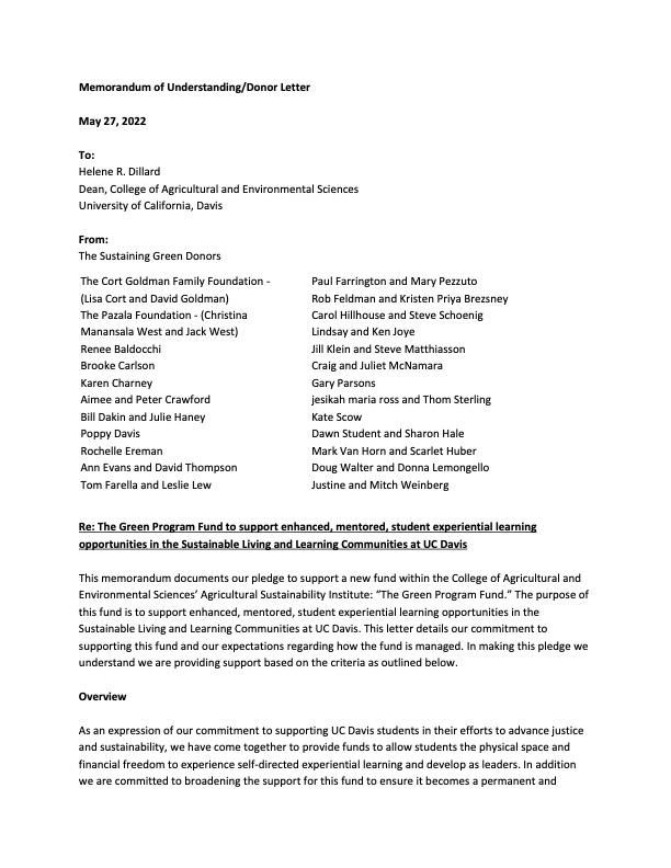 Memorandum of understanding between sustaining SLLC green program donors and the dean of the college of ag and environmental science at UC Davis (page 1)