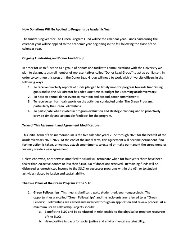 Memorandum of understanding between sustaining SLLC green program donors and the dean of the college of ag and environmental science at UC Davis (page 3)