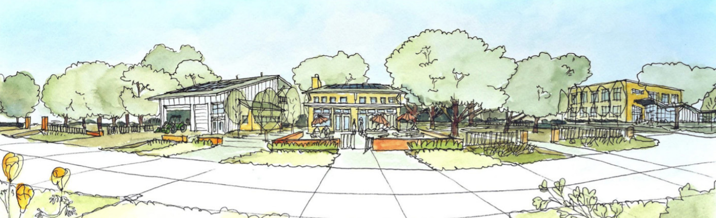 a drawing from the master vision plan for the SLLC which shows an orange student center with trees and other buildings surrounding it on campus. 