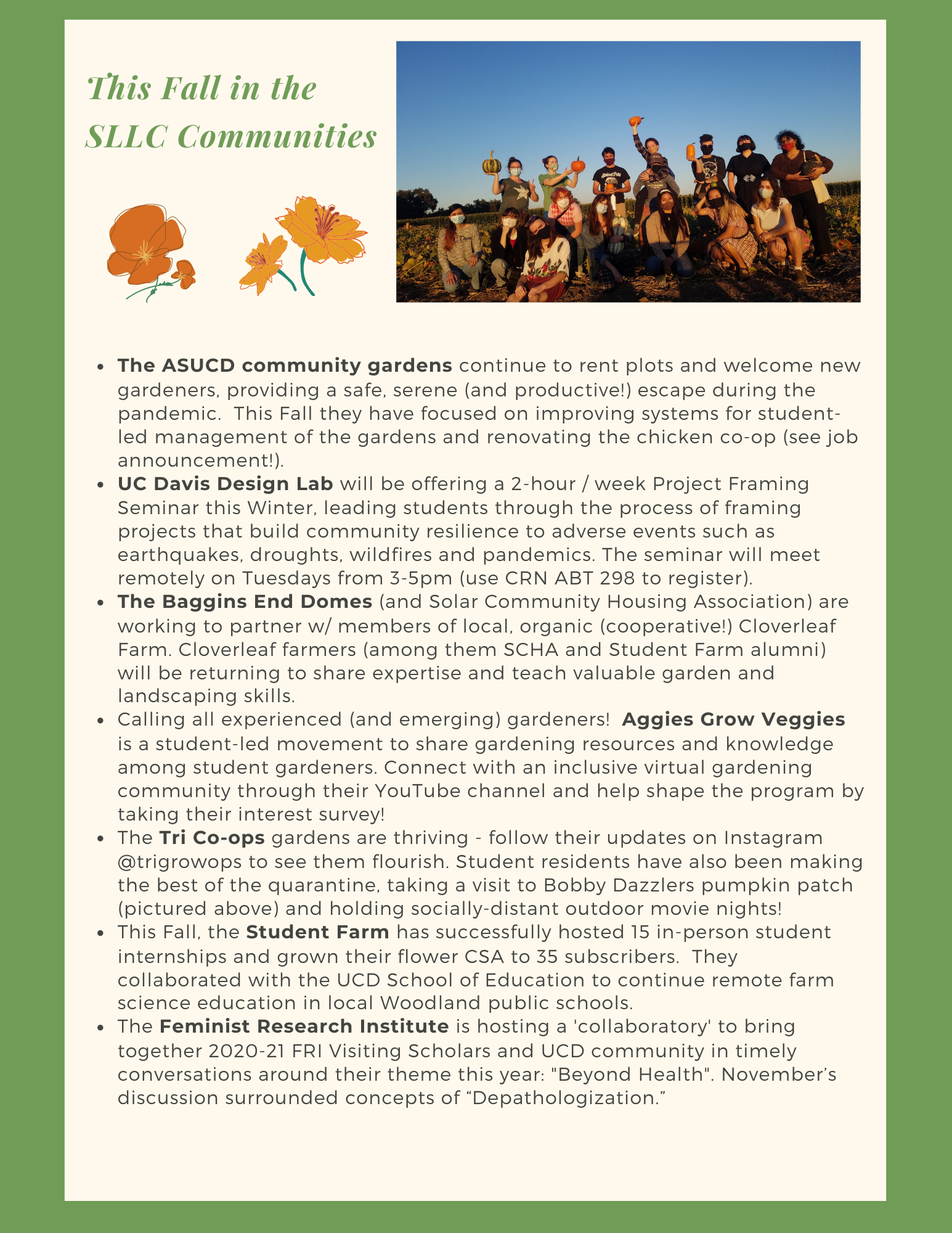 page 3 of sllc fall newsletter with a picture of tri co-op residents at Bobby Dazzlers pumpkin patch 