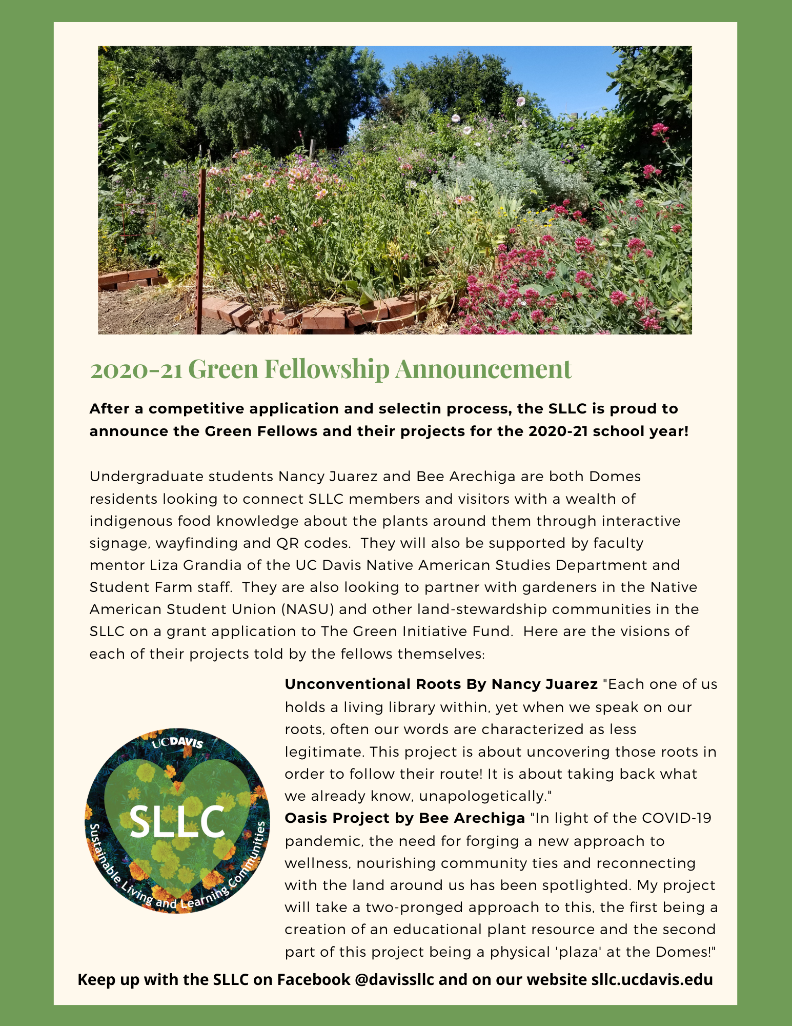 page 4 of sllc fall newsletter with a picture of the ASUCD community gardens and the SLLC logo 