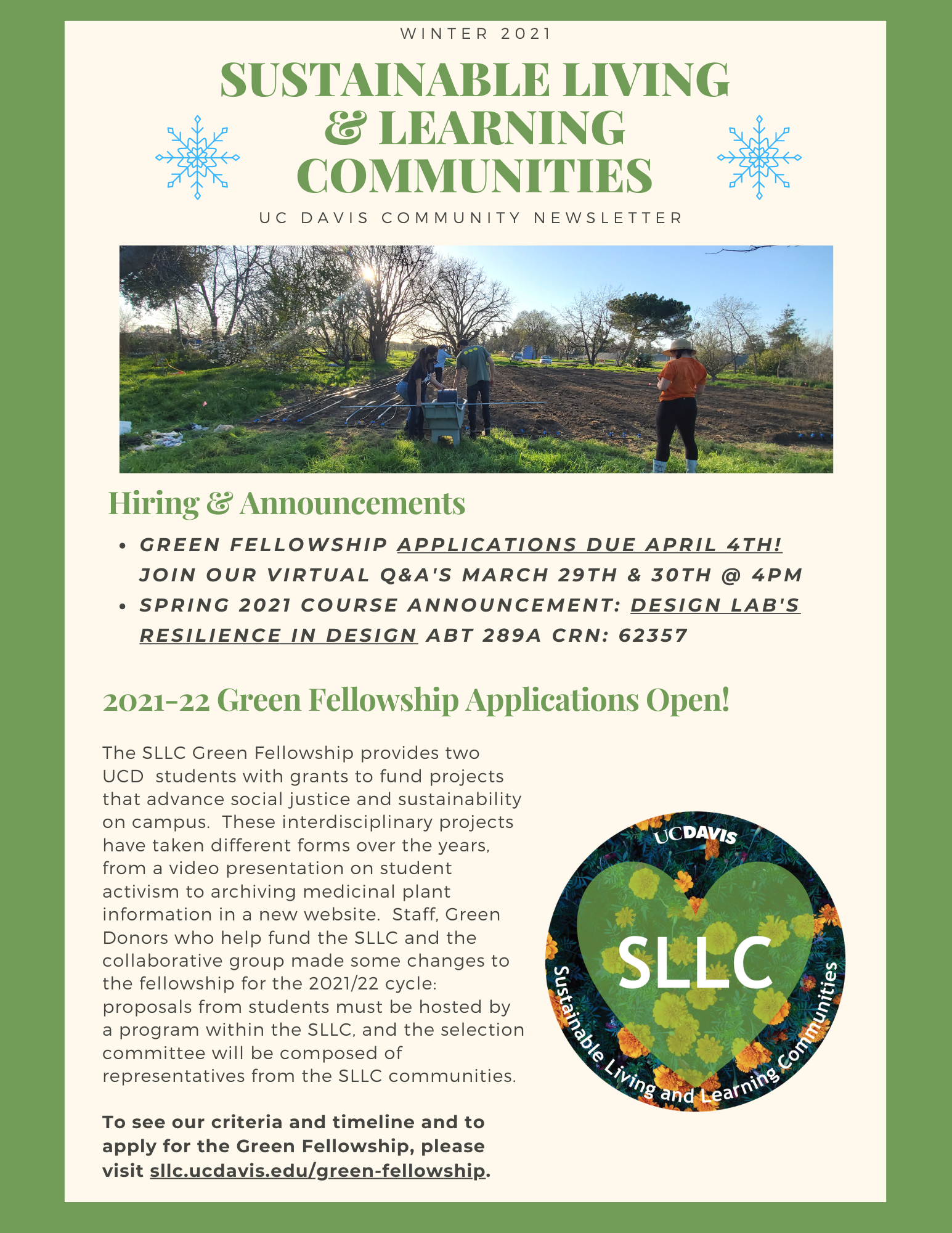first page of fall newsletter with photo of domes back 40 with barren winter trees and snowflake art. 