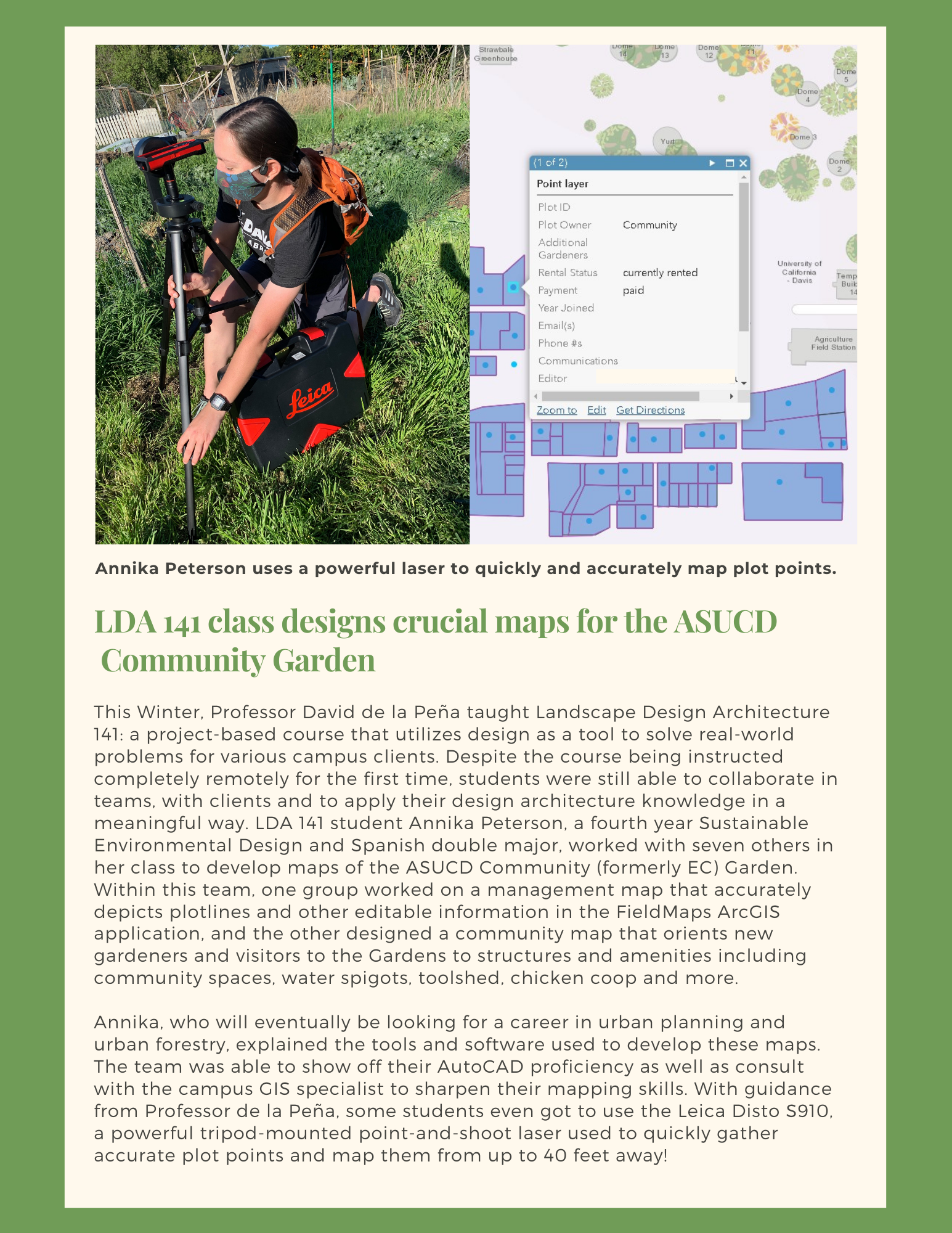 second page of winter newsletter with photo of a student using a laser to make a map and the map itself with points to label 
