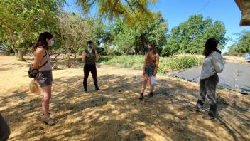 masked interns stand around a tree for shade with trees and farm in the background 