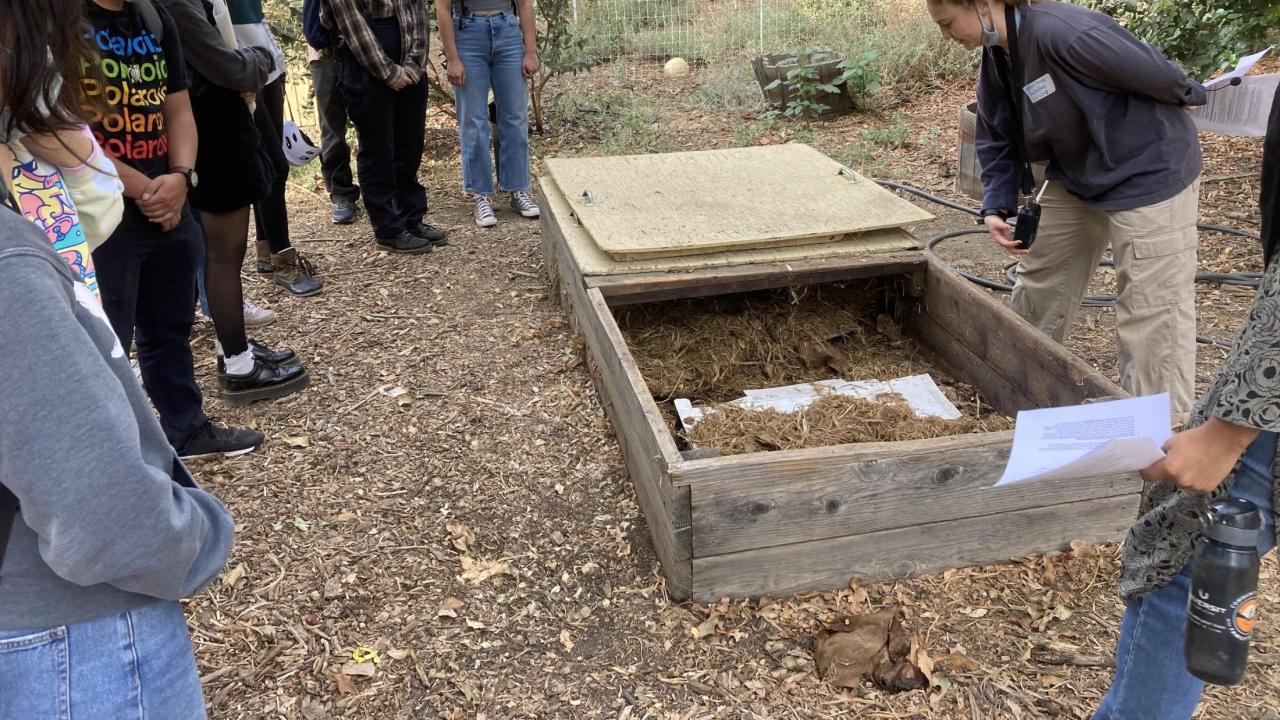 Lead Student Farmer Allison showing the tour group the Eco Garden compost