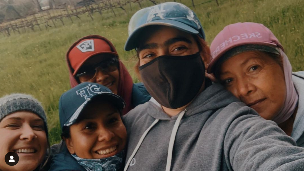 selfie of green fellow gabriela fontanesi and four of her co-workers on the Mathiasson vineyard, in hats and masks, smiling