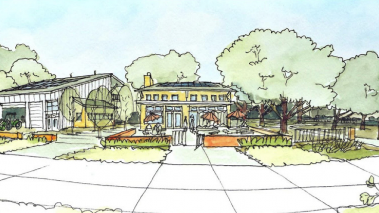 a drawing from the master vision plan for the SLLC which shows an orange student center with trees and other buildings surrounding it on campus. 