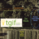 arial map of the Woods East Entry to the SLLC on the West side of campus.  TGIF logo in the middle of trees and, farms, and shrubbery. 