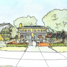 a drawing from the master vision plan for the SLLC which shows an orange student center with trees and other buildings surrounding it on campus. 